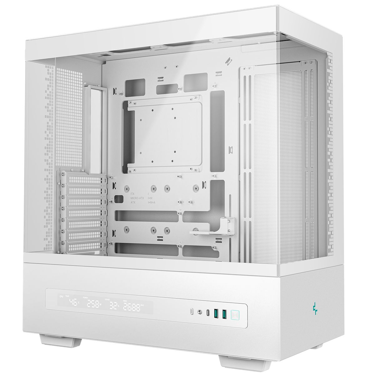 DeepCool CH690 DIGITAL вид сбоку открытая панель внутренние отсеки кабельная разводка вентиляционные решётки