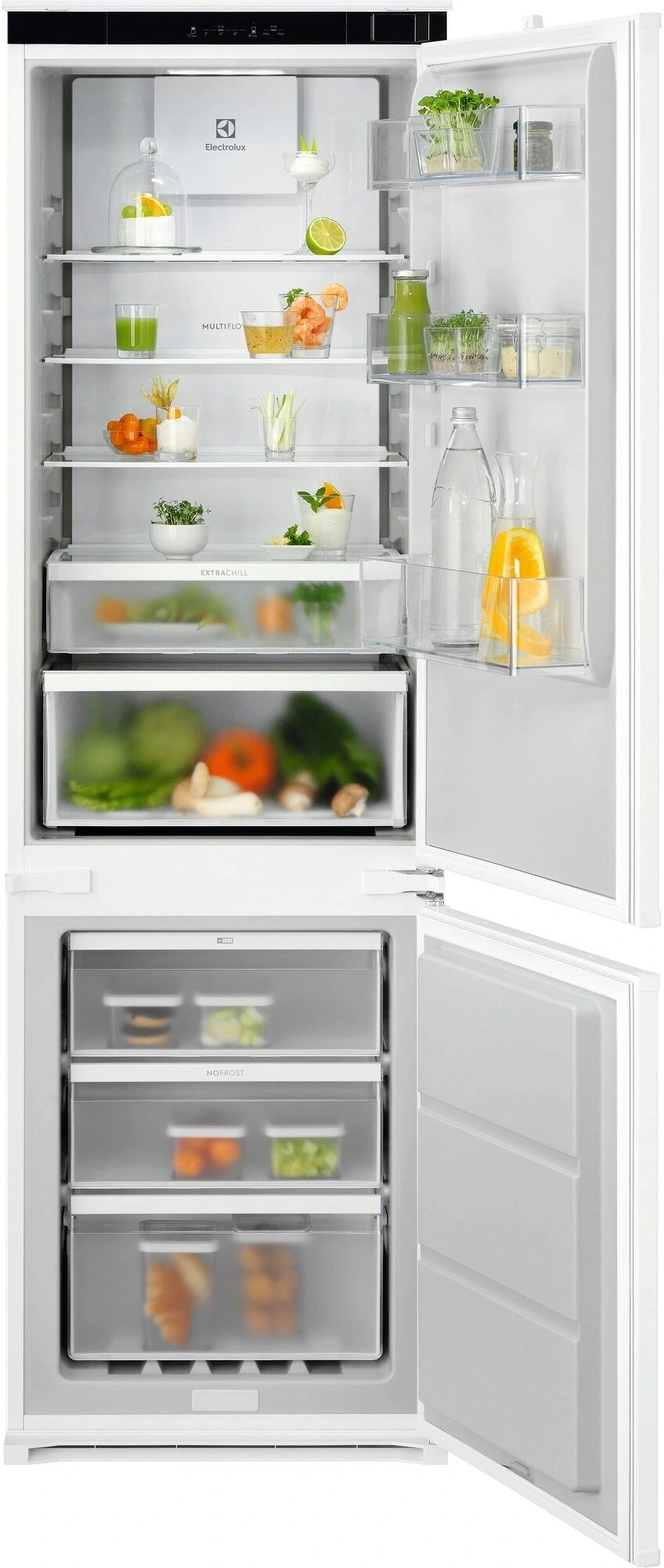 Electrolux ENTMUSP8S встраиваемый холодильник с открытыми дверцами — полки с продуктами и морозильная камера снизу