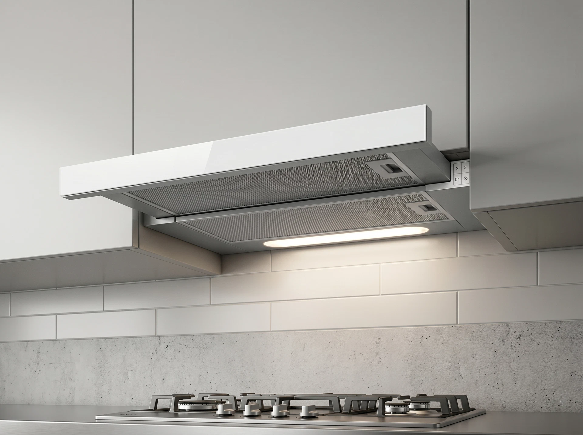 Elica Elite 14 Lux GRVTWH/A/60 встраиваемая вытяжка в интерьере кухни серый корпус белое стекло