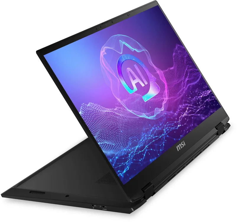 MSI SummitPro 16 AI ноутбук вид сбоку в режиме раскладки, экран с AI-логотипом