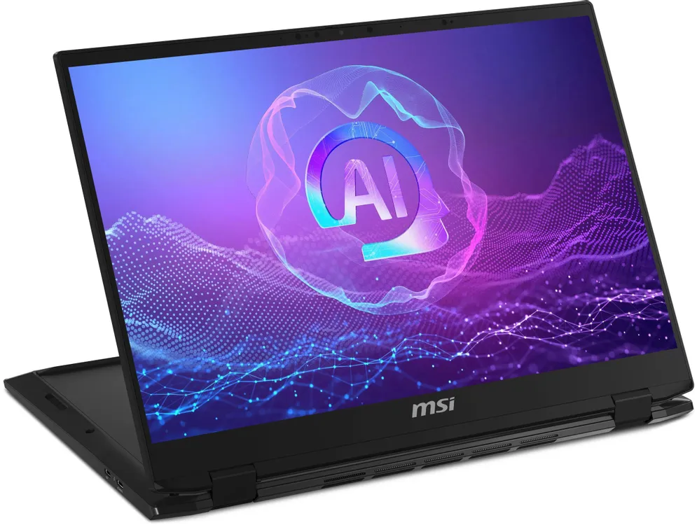 MSI SummitPro 16 AI ноутбук, вид сбоку — порты на боковой панели, экран с AI-интерфейсом