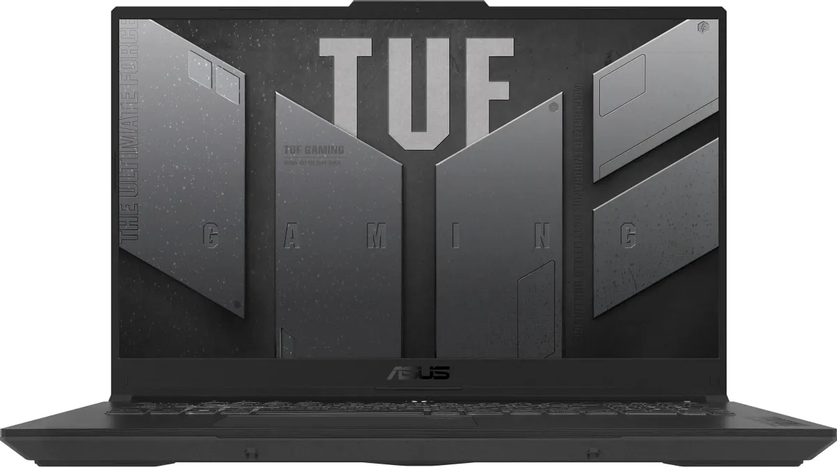 ASUS TUF Gaming A17 FA707NUG-HX182 вид спереди — игровой дизайн и логотип TUF GAMING на экране