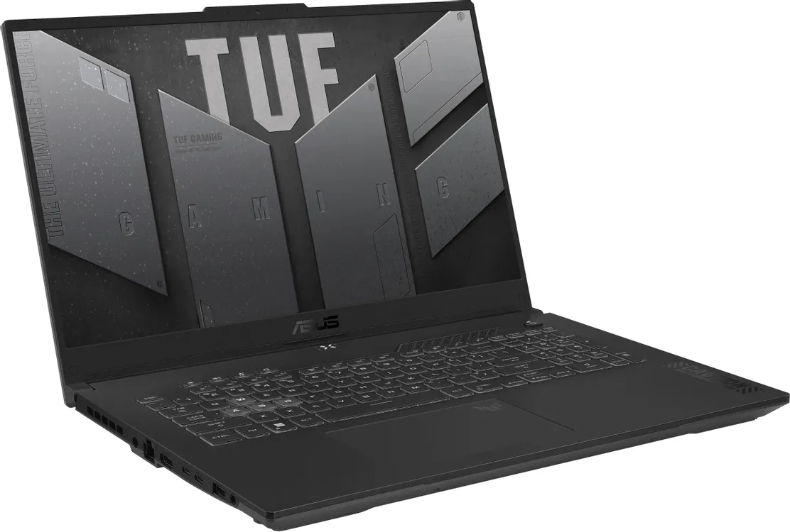 ASUS TUF Gaming A17 FA707NUG-HX182 вид сбоку — клавиатура с подсветкой и боковые порты
