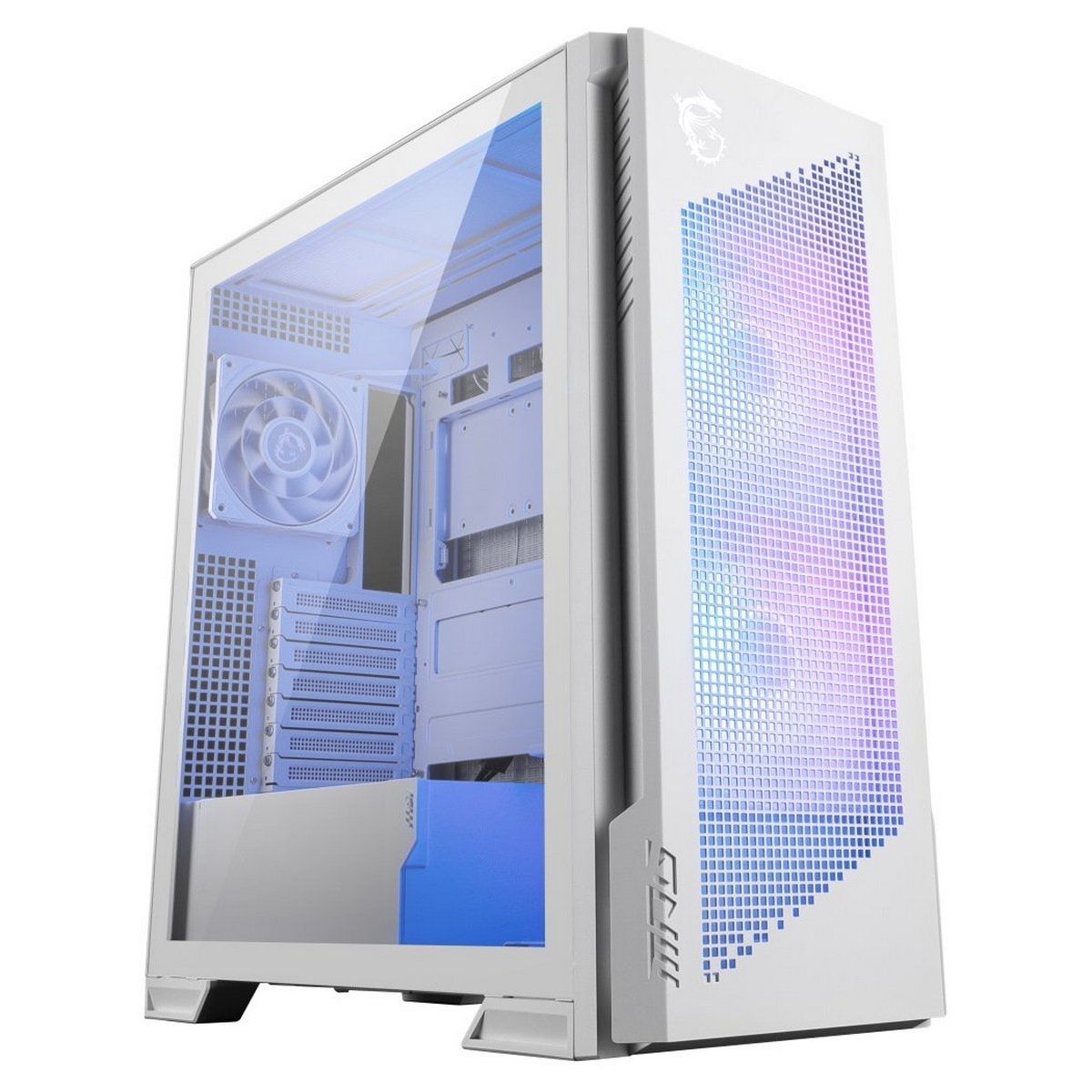 MSI MPG VELOX 300R AIRFLOW PZ вид сбоку прозрачная панель RGB-подсветка внутри
