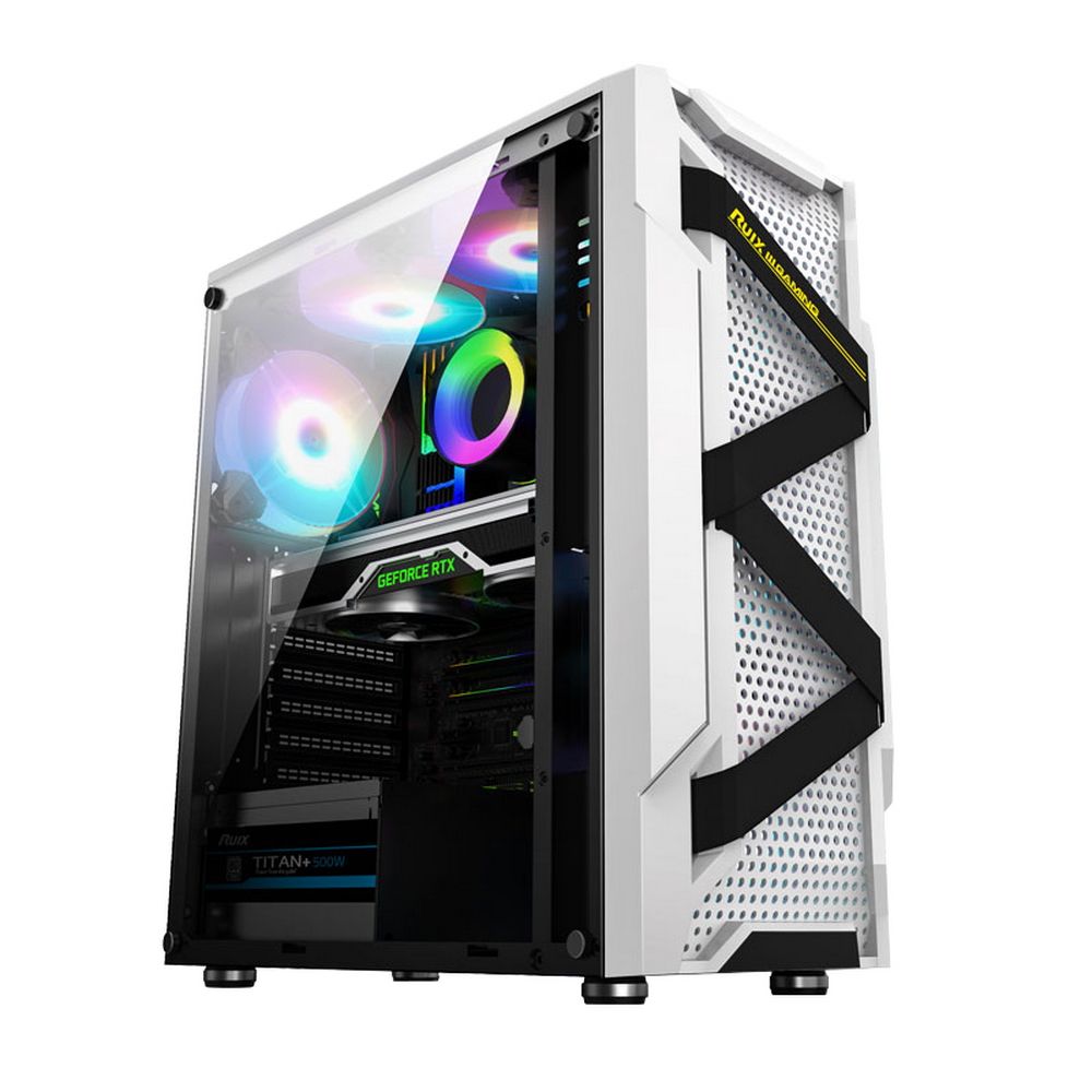 Alseye Warrior-W AS.07.0004 белый &mdash; вид спереди с RGB-вентиляторами и видеокартой внутри