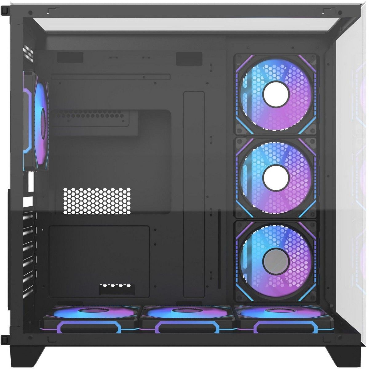 Alseye Auro Vision Ultra B 4f вид внутри три RGB вентилятора материнская плата синяя подсветка