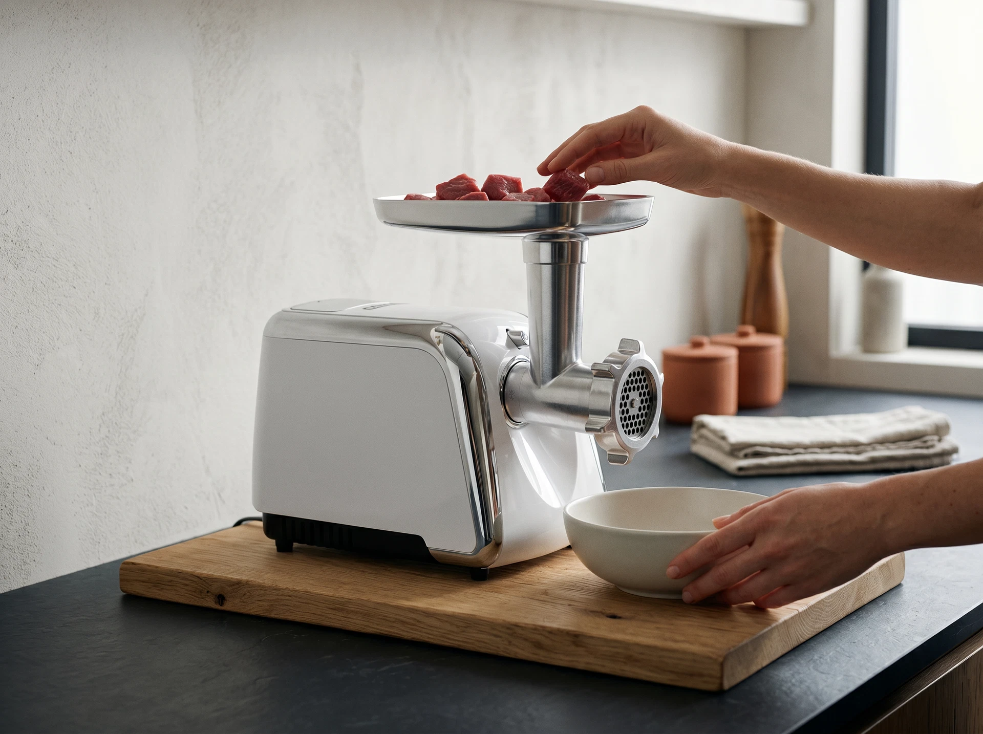 Centek CT-1602 мясорубка на кухонной столешнице при приготовлении фарша