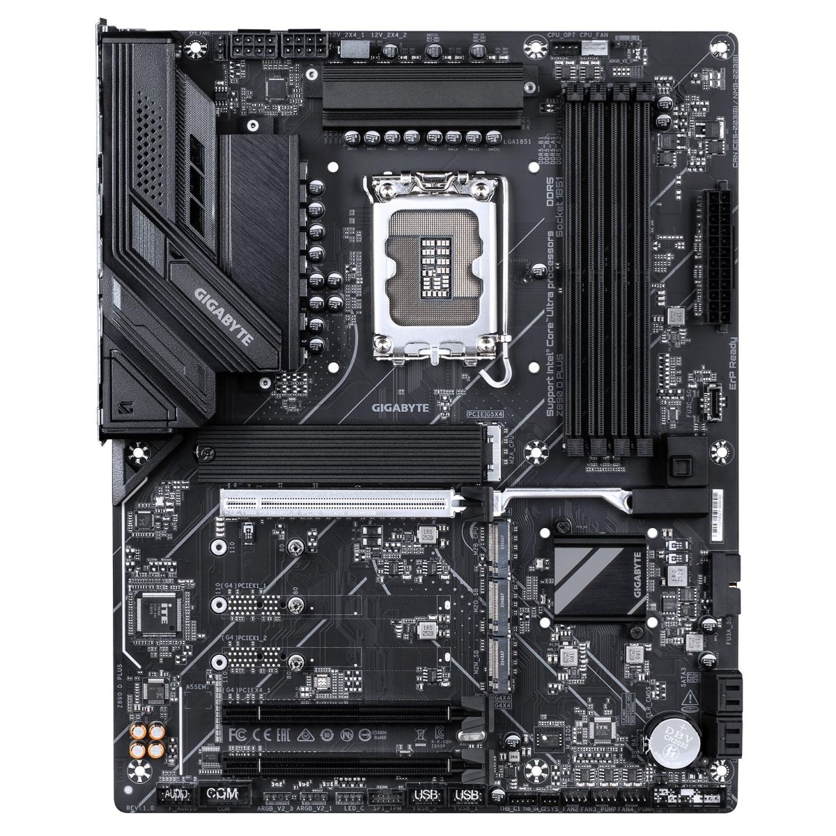 Gigabyte Z890 D Plus вид сверху — сокет LGA 1851, слоты DDR5, разъёмы SATA, зона VRM