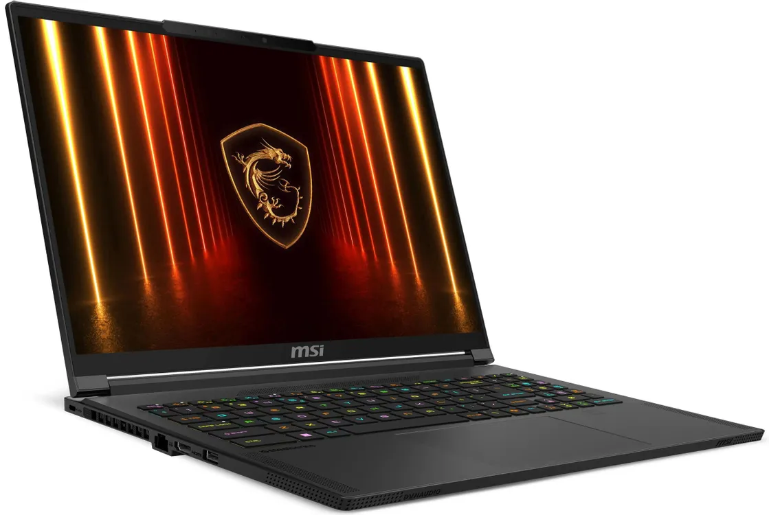 MSI Stealth 16 AI A2HWFG-086XRU вид спереди под углом OLED-экран RGB-клавиатура чёрный корпус