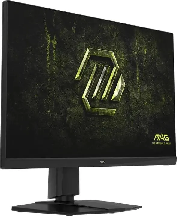 MSI MAG 272QPF E20 Rapid вид спереди на регулируемой подставке с зелёной подсветкой