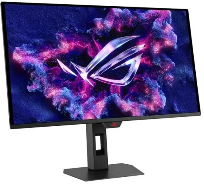 ASUS ROG Strix XG27AQDPG вид спереди с неоновым RGB-фоном на экране
