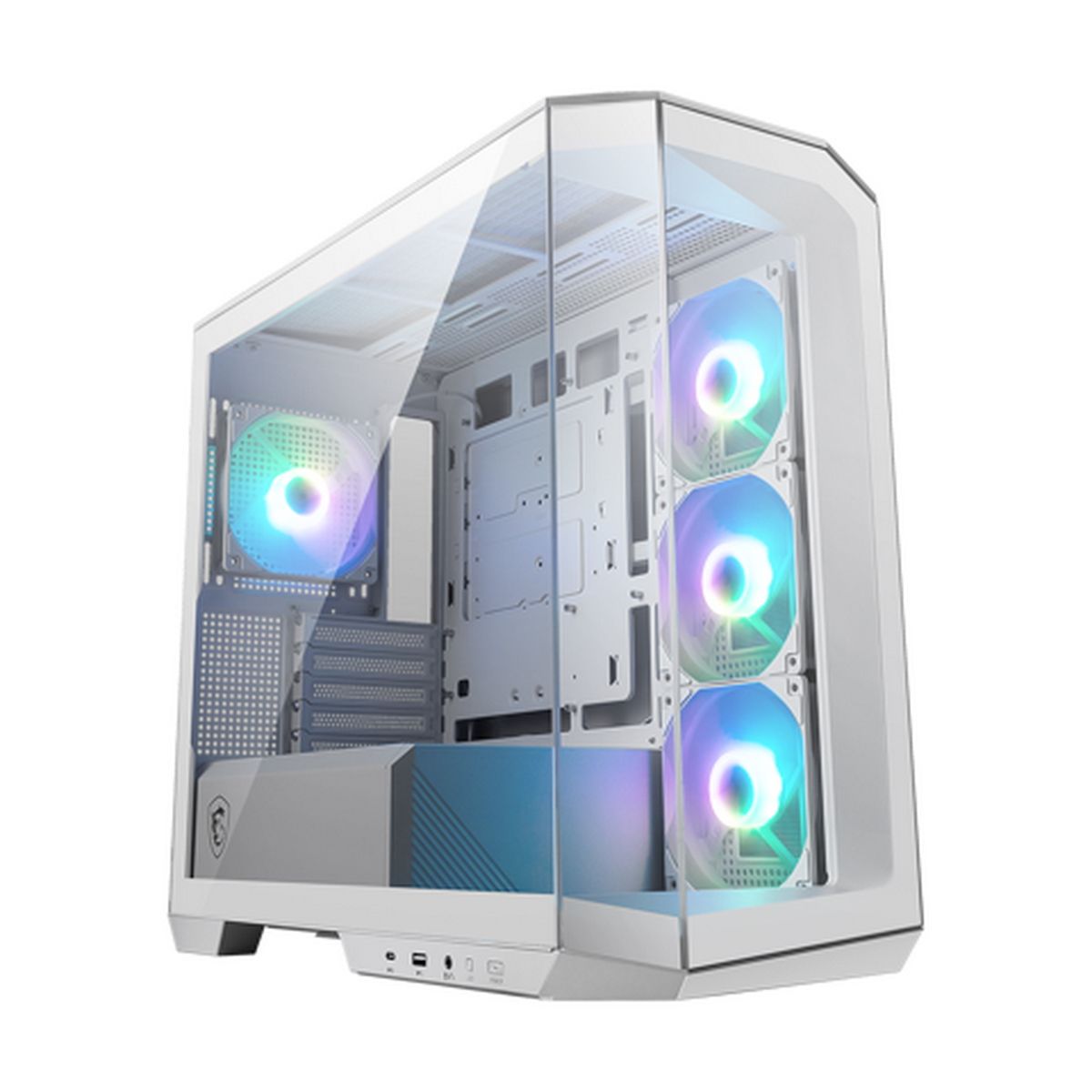 MSI MAG PANO M100R PZ белый — вид спереди и сбоку с открытой панелью и ARGB-вентиляторами