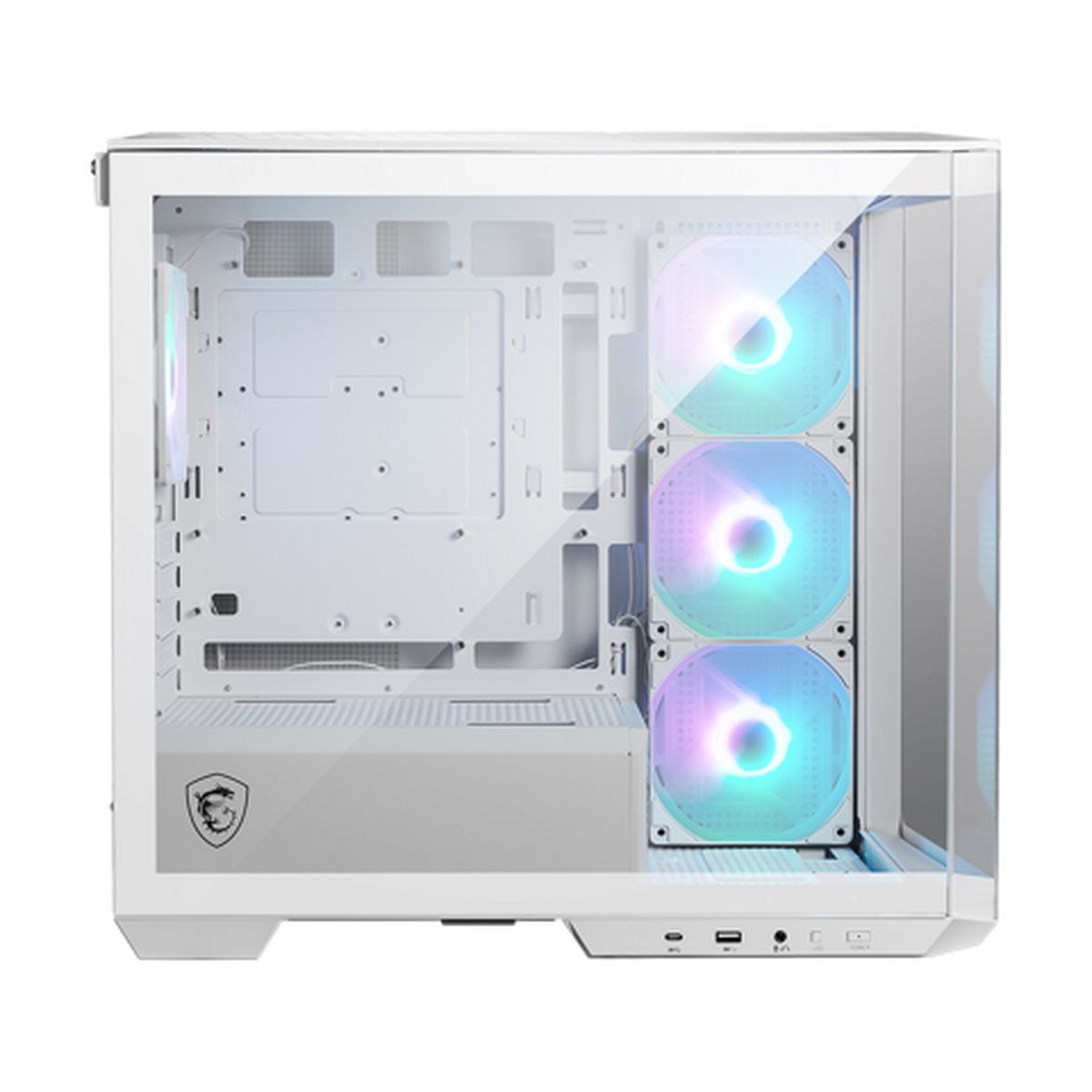 MSI MAG PANO M100R PZ — открытая боковая панель, три ARGB-вентилятора на фронте, порты USB и аудио