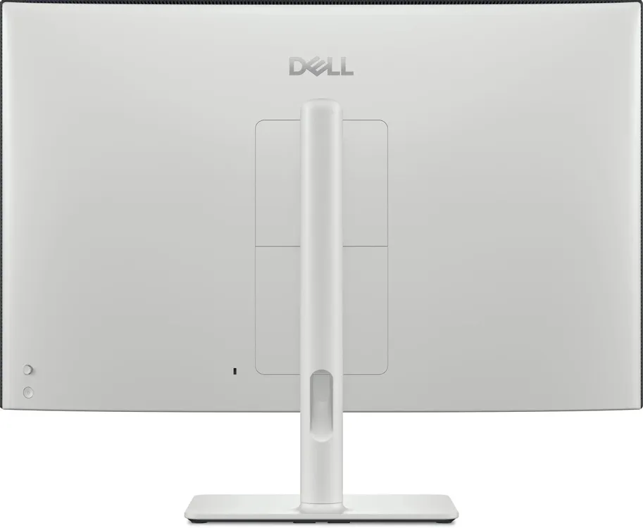 Dell S3225QC вид сзади — белый корпус, тонкий профиль, подставка и логотип Dell