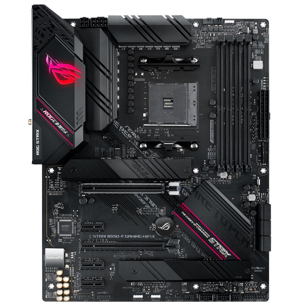 ASUS ROG STRIX B550-F Gaming WiFi II вид сверху — слоты DDR4, сокет AM4, разъёмы PCIe и M.2