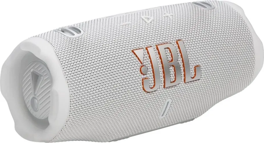 JBL Charge 6 White вид сбоку &mdash; тканевый корпус и логотип JBL