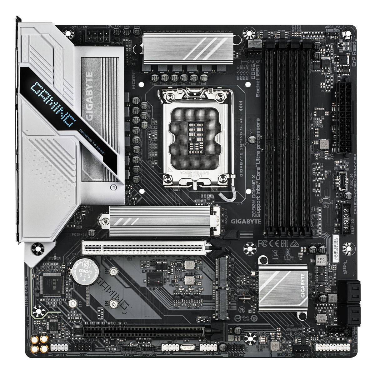 Gigabyte Z890M Gaming X вид сверху — сокет LGA 1851, слоты DDR5, радиаторы VRM и M.2