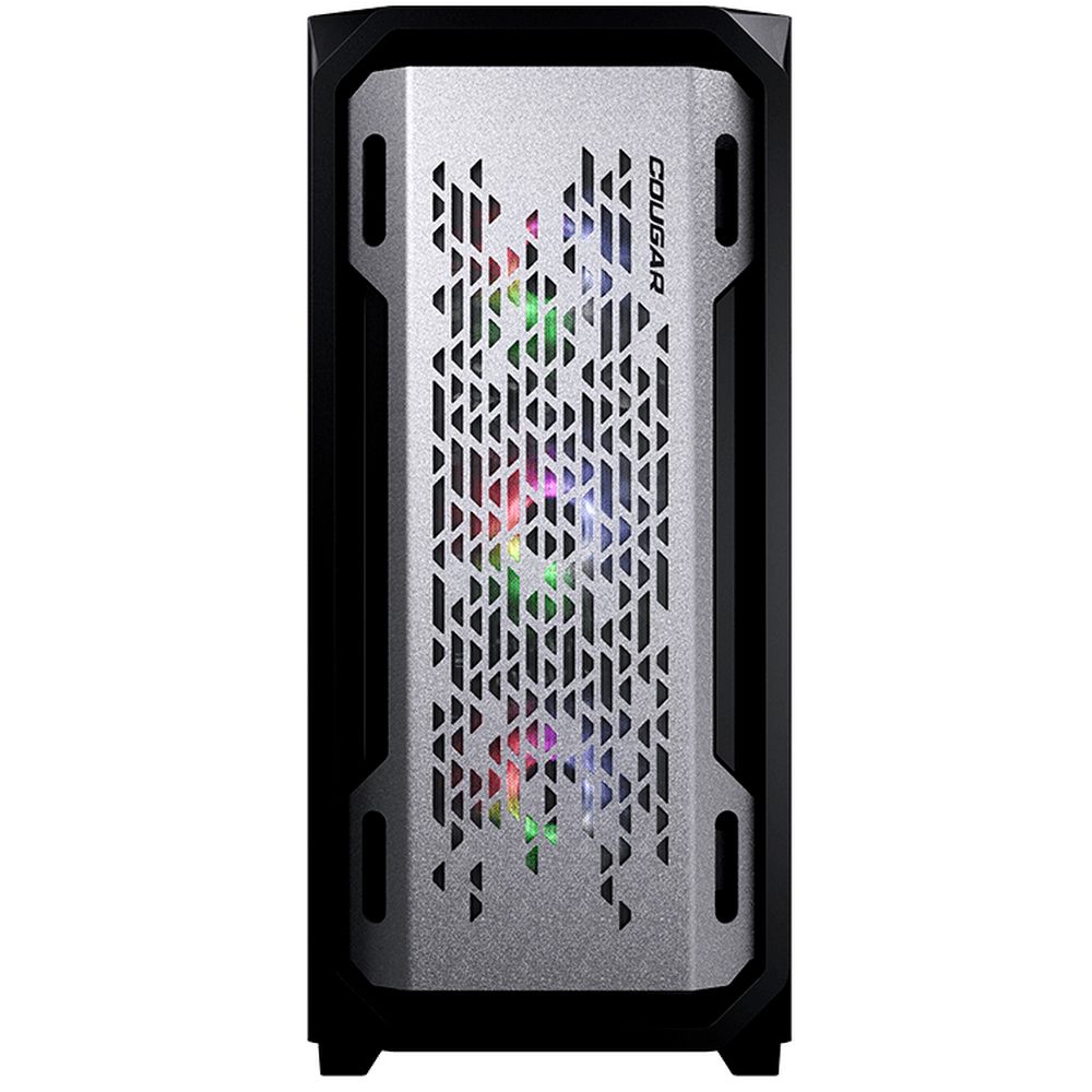 Cougar MX620 RGB вид спереди — металлическая панель с радиаторной решёткой и разноцветной ARGB-подсветкой компонентов внутри