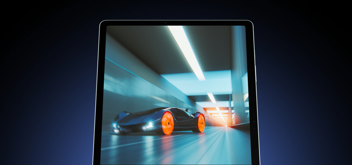Galaxy Tab S9 FE+ показан спереди в портретном режиме, на экране быстро движущийся автомобиль проезжает через туннель, подчеркивая плавность смены кадров.