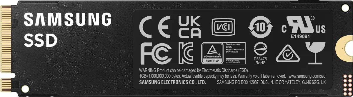 Samsung 990 Pro Black 2TB обратная сторона — сертификационные логотипы CE, FCC, RoHS, UL, информация производителя