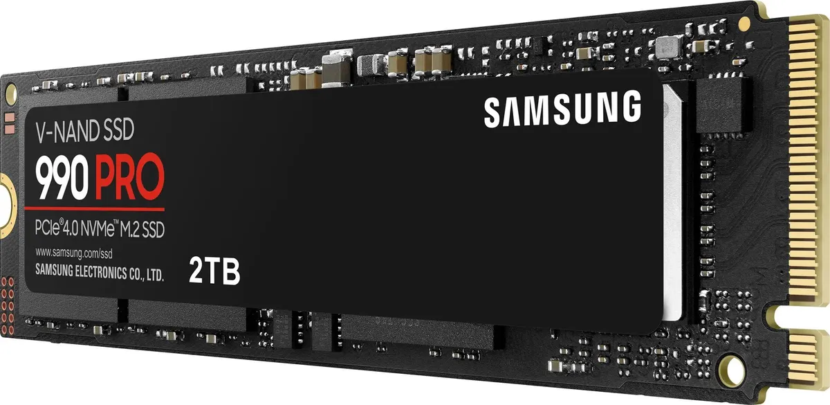 Samsung 990 Pro Black 2TB боковой профиль — тонкая конструкция M.2, электронные компоненты, золотистые контакты