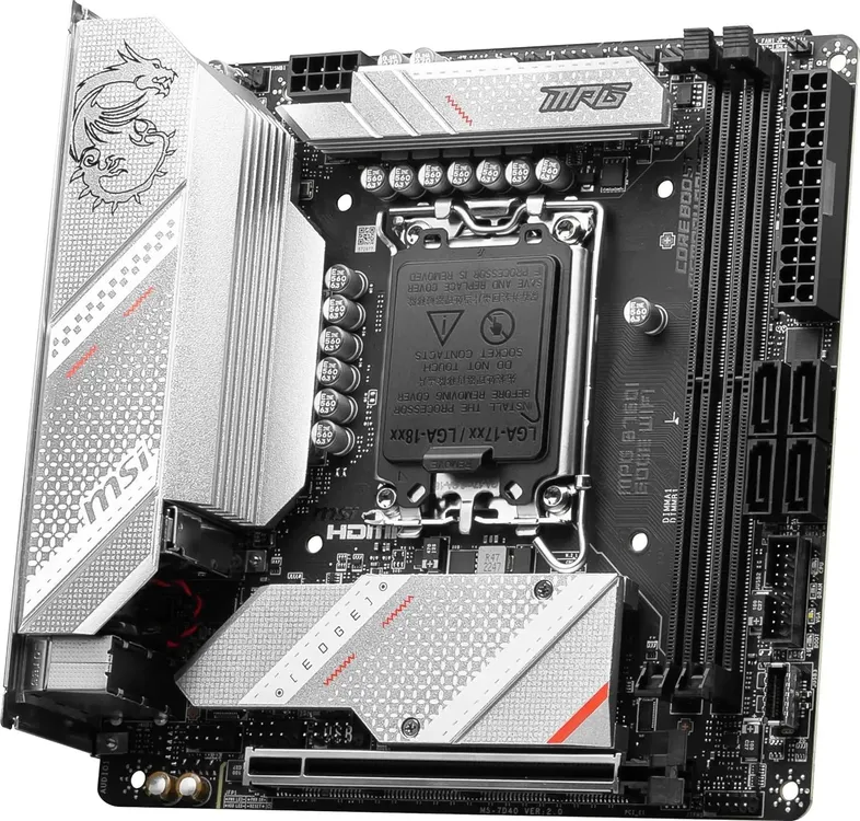 MSI MPG B760I Edge WiFi вид сверху — сокет LGA 1700, разъёмы DDR5, радиатор VRM с логотипом