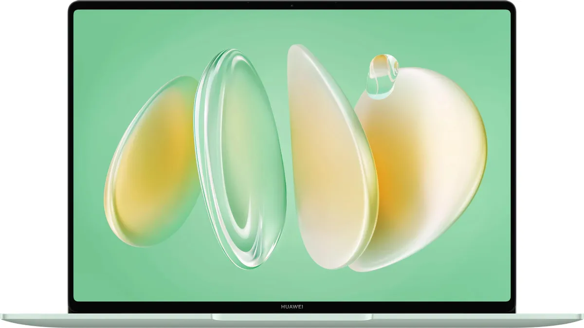 Huawei MateBook 14 Core Ultra 7 155H вид спереди — OLED-экран с абстрактным изображением на мятном фоне