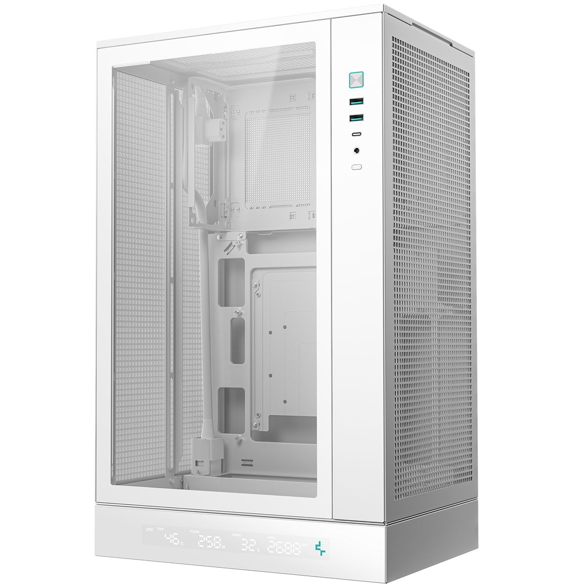 DeepCool CH270 DIGITAL WH открытая передняя панель — порты USB 3.0, USB Type-C, аудио 3.5 мм и расположение плат внутри