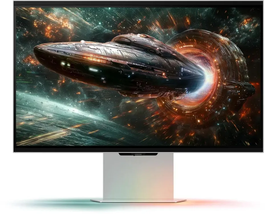 Samsung Odyssey 3D LS27FG900XIXCI вид спереди &mdash; 4K IPS монитор на белой подставке с демонстрацией цветопередачи