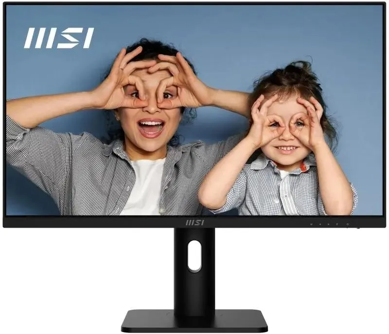 MSI PRO MP273UP E6 вид спереди на подставке с ярким изображением на экране