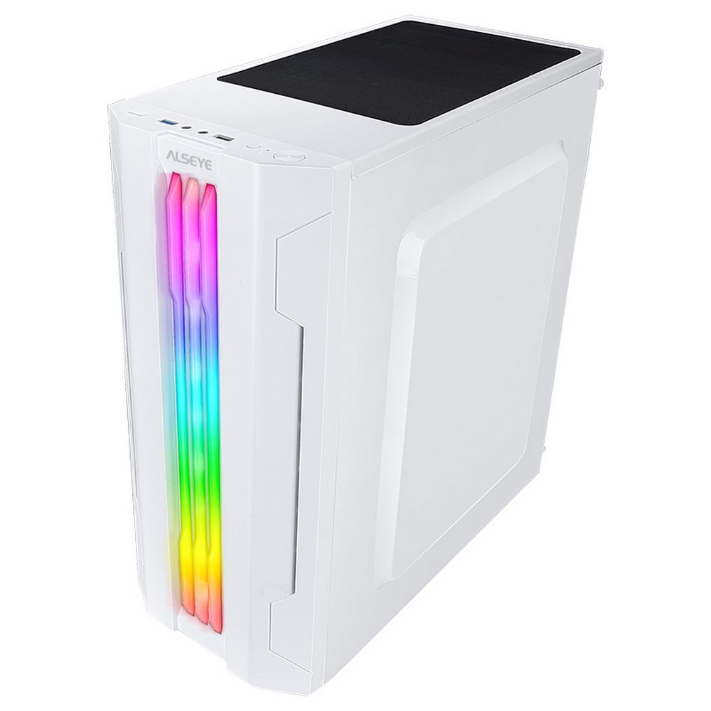 Alseye Auro 3.0-W вид спереди-сбоку с RGB подсветкой в градиентном режиме без прозрачной боковой панели
