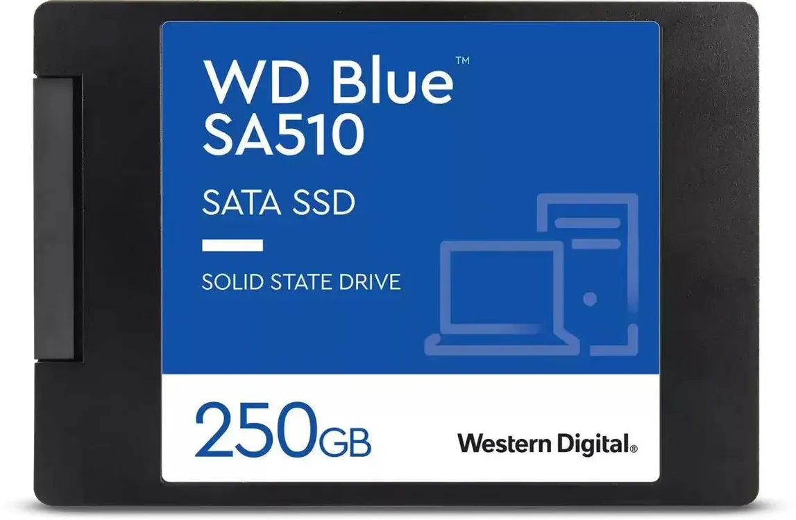 Western Digital WD Blue SA510 250 ГБ 2.5 SATA SSD вид спереди синяя панель с логотипом