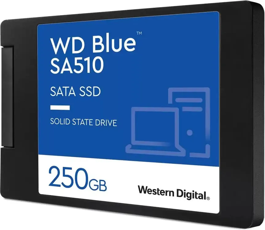Western Digital WD Blue SA510 250 ГБ боковой профиль SSD тонкий корпус крепёжные отверстия