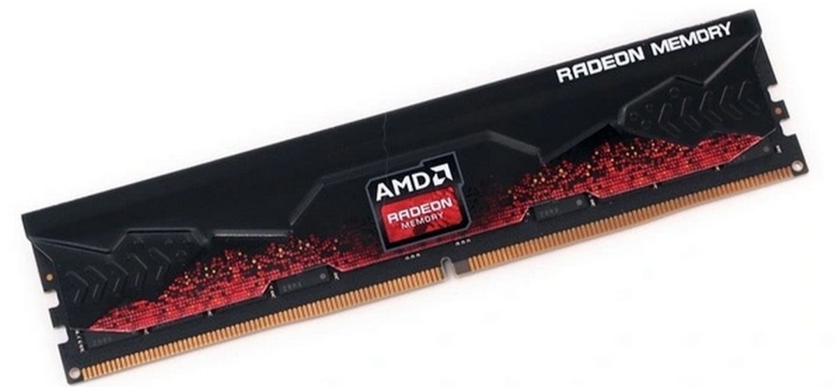 AMD Radeon R7 Performance Series R7S516G6000U1S боковой профиль, рёбра охлаждения на чёрном корпусе с красным градиентным дизайном