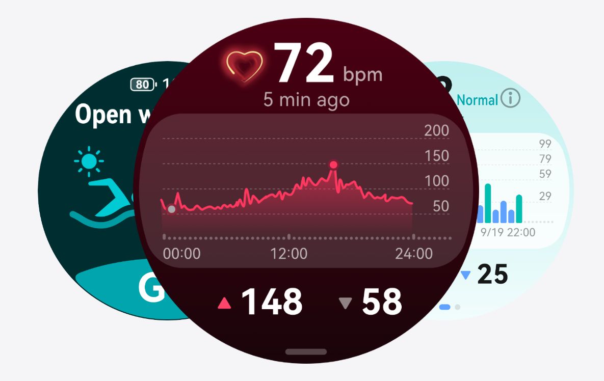 Экран HUAWEI WATCH GT 5 Pro с мониторингом сердечного ритма 72 bpm, графиком активности и спортивными метриками