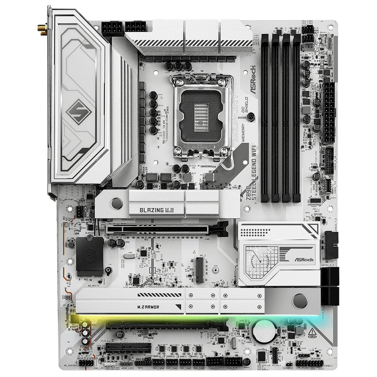 ASRock Z890 Steel Legend WiFi вид сверху — сокет LGA 1851, слоты DDR5, разъёмы M.2, система охлаждения VRM