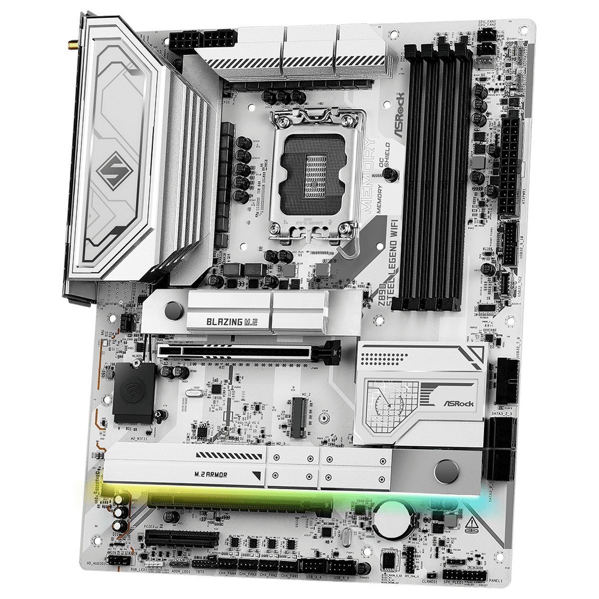 ASRock Z890 Steel Legend WiFi — система охлаждения чипсета, слоты PCIe, разъёмы питания и периферийные коннекторы