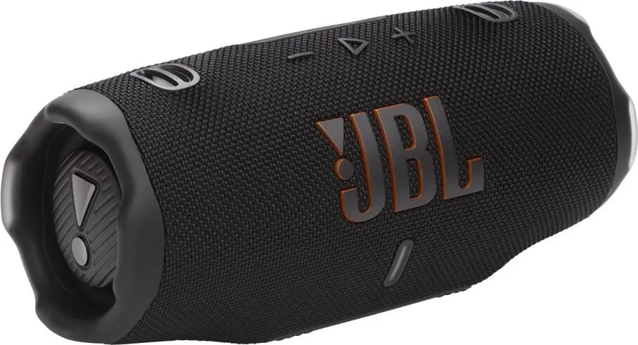 JBL Charge 6 Black вид сбоку — корпус с текстурированной поверхностью и ремешком