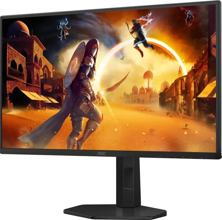 AOC 25G4SXU вид сбоку с регулируемой подставкой и игровым контентом на экране