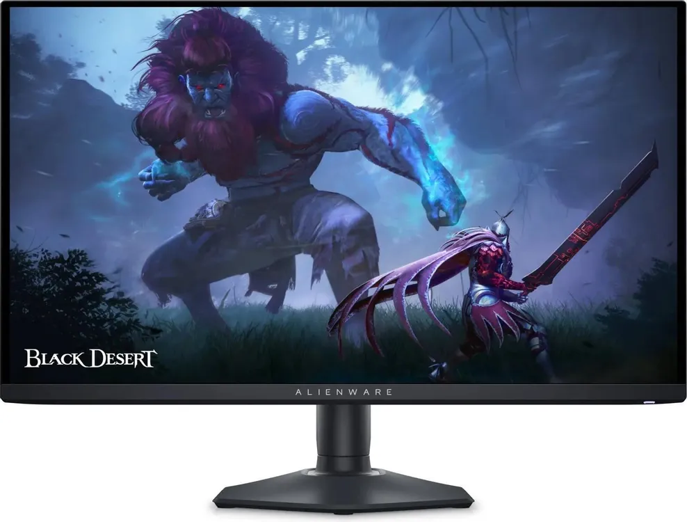 Dell Alienware AW2725DF вид спереди, QD-OLED-панель 2560x1440 при высокой яркости