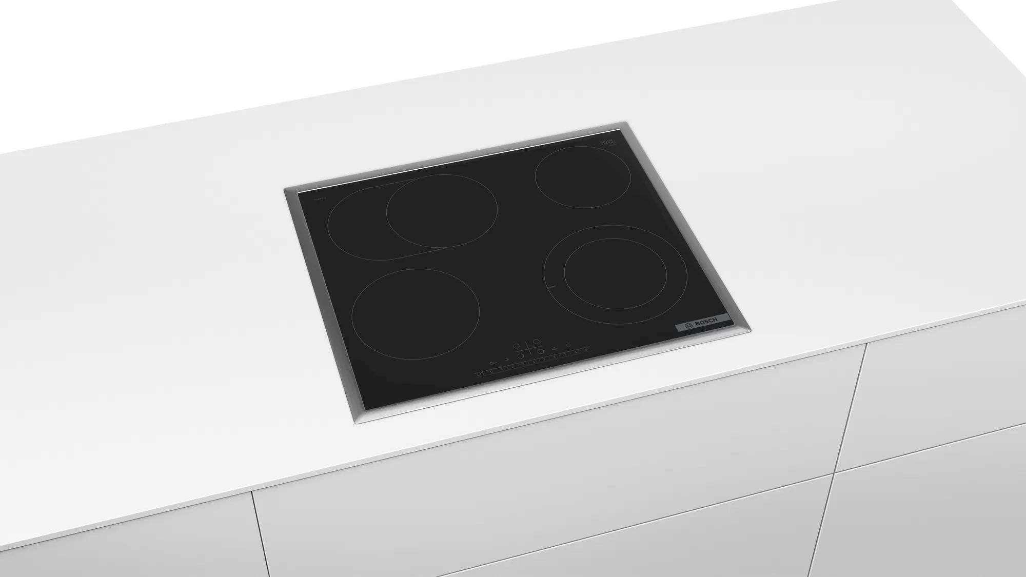 Bosch PKN645FP2E индукционная варочная панель 4 конфорки вид сверху в белой столешнице