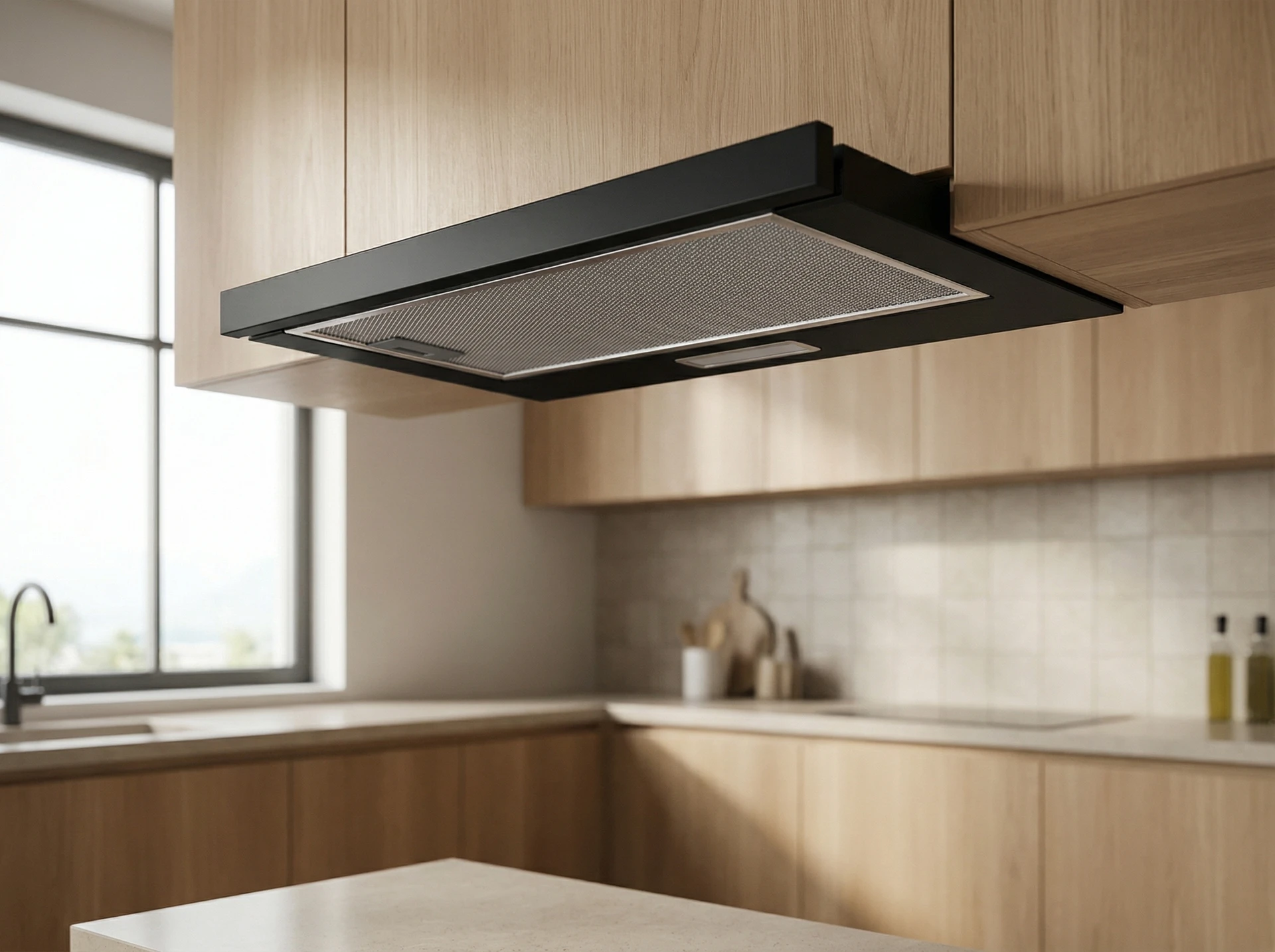 Meferi Light SlideBox60BK чёрная встраиваемая вытяжка в интерьере современной кухни