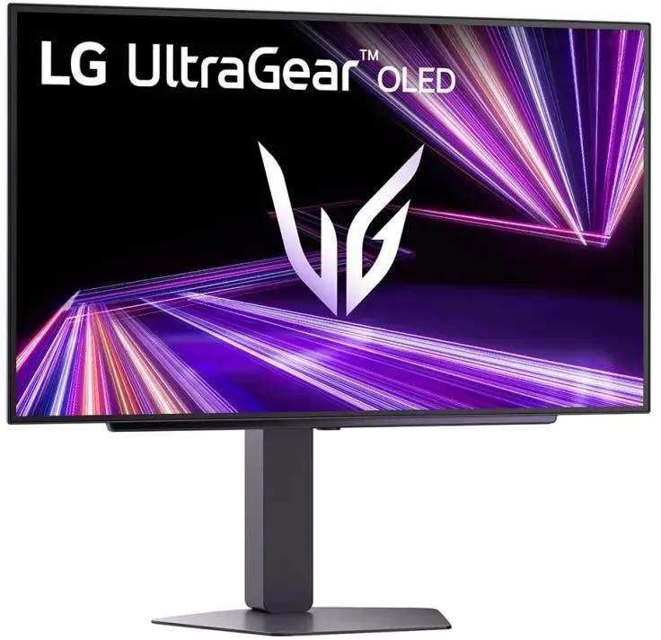 LG 27GX704A-B UltraGear OLED вид спереди на подставке с включённым экраном