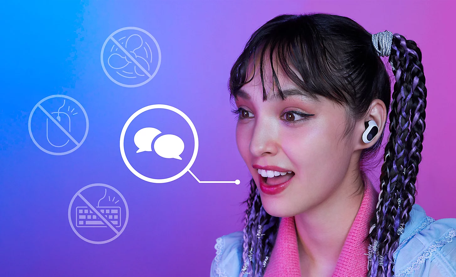 Схема, показывающая, как наушники INZONE Buds подавляют фоновый шум и усиливают голос пользователя.