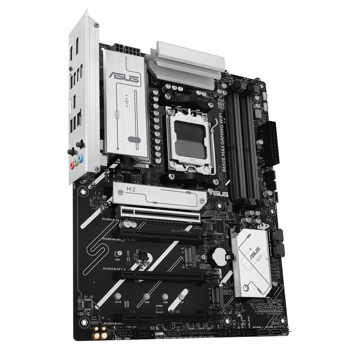 ASUS B650E Max Gaming WiFi с установленным кулером — VRM-радиаторы, слоты M.2 и разъёмы расширения
