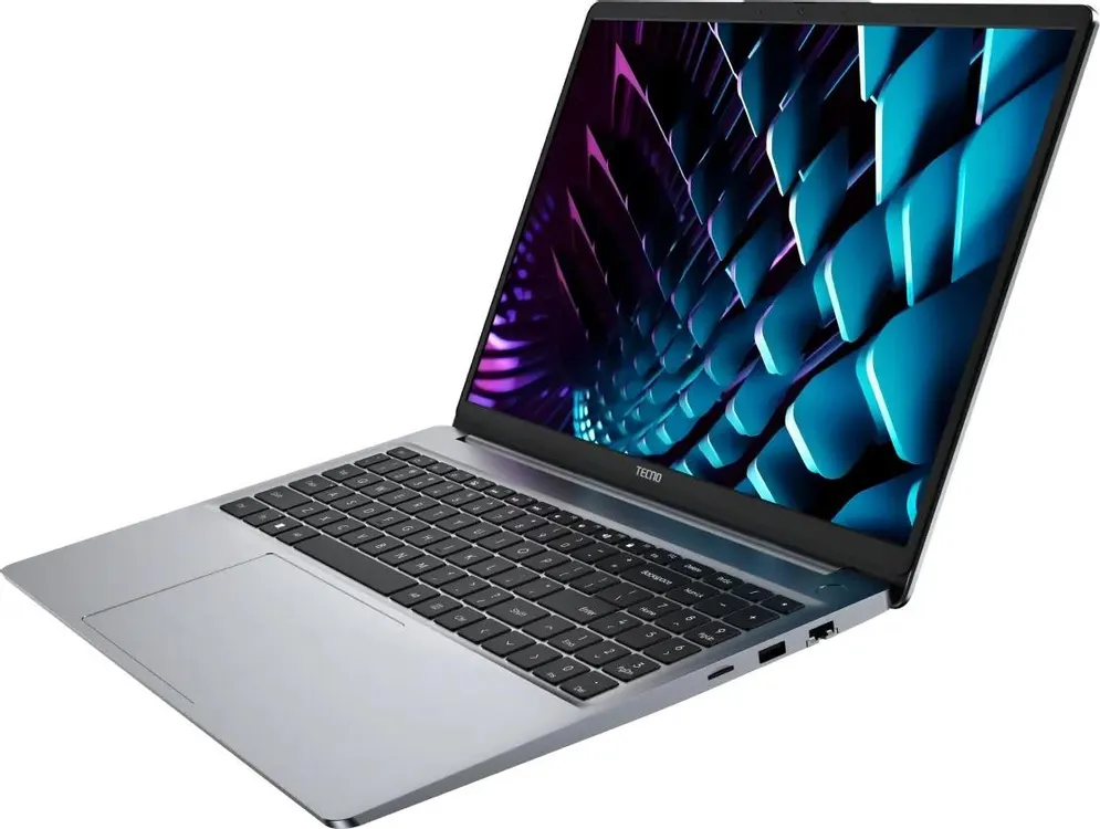 Tecno MegaBook K16SDA вид сбоку — тонкий алюминиевый корпус 17,5 мм и IPS-экран с ярким изображением