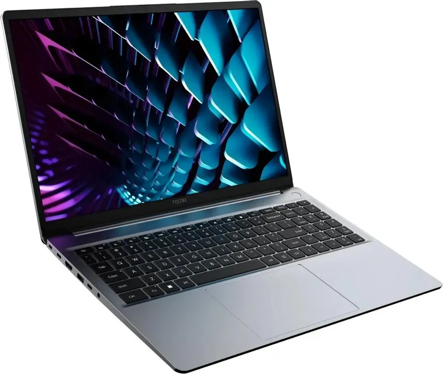 Tecno MegaBook K16SDA вид сверху — алюминиевый корпус, полная клавиатура с тачпадом, минималистичный дизайн