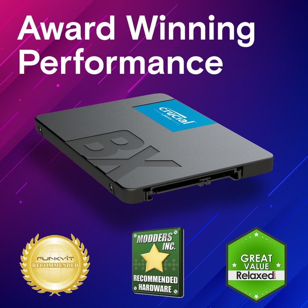 Crucial BX500 4 ТБ 2.5 SATA SSD вид под углом, отраслевые награды Purkyt Recommended и Modders Inc