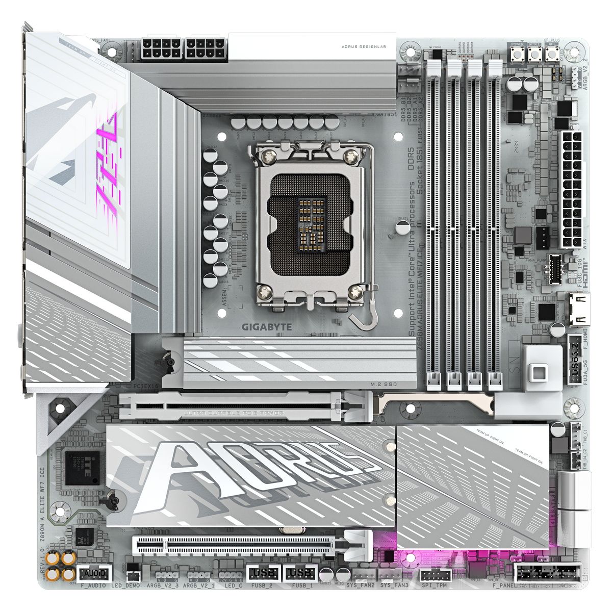Gigabyte Z890M Aorus Elite WiFi7 Ice слоты M.2 и зона VRM с пассивным охлаждением