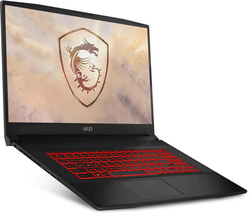 MSI Katana 17 B13UCR игровой ноутбук вид спереди с красной подсветкой клавиатуры